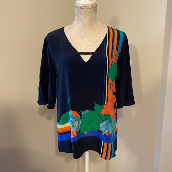 ecru Tops - Ecru Silk Floral V-Neck Blouse